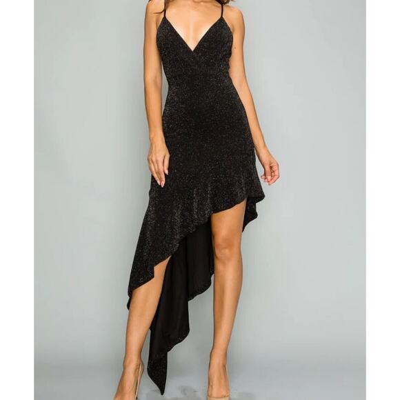 Privy Dress Womens Small Black Asymmetrical Sleeveless V Neck Glittery Ruffled - Picture 1 of 13